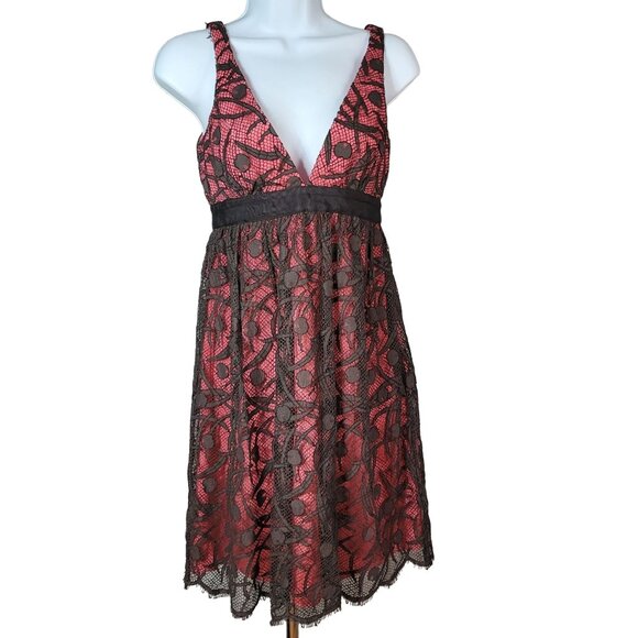 Milly NY Cocktail Dress Pink Brown Size 2 Sleeveless V Neck Zip Knee Length Lace - Picture 1 of 8